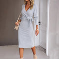 Helena — Women's Wrap-Front Ribbed Knit Midi Dress