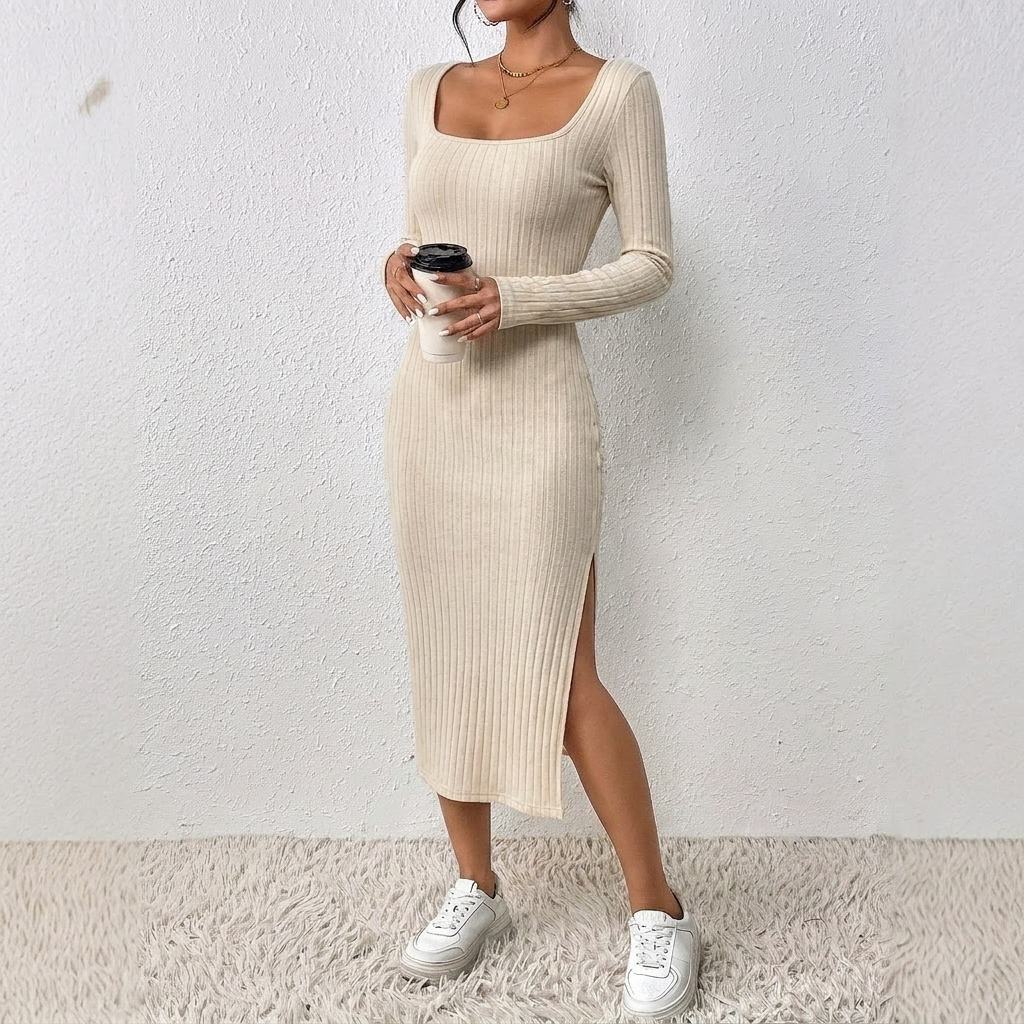 Vesna — Women’s Scoop-Neck Side-Slit Knit Dress