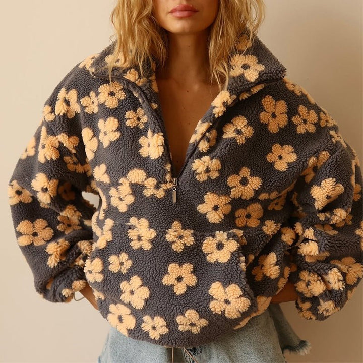 Esme — Women’s Oversized Floral Teddy Half-Zip