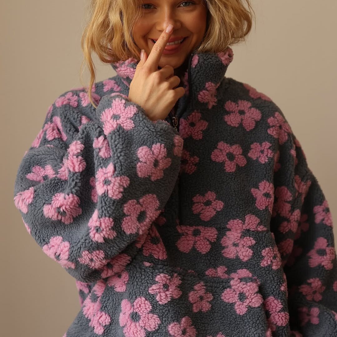 Esme — Women’s Oversized Floral Teddy Half-Zip