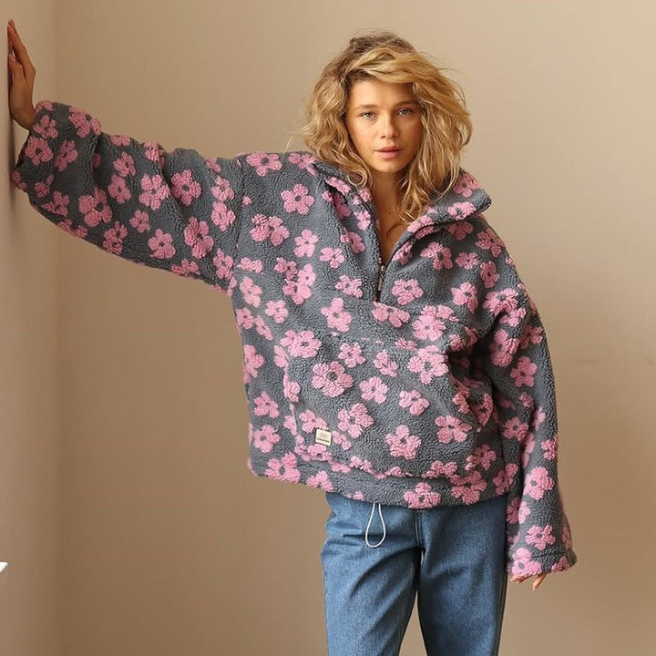 Esme — Women’s Oversized Floral Teddy Half-Zip