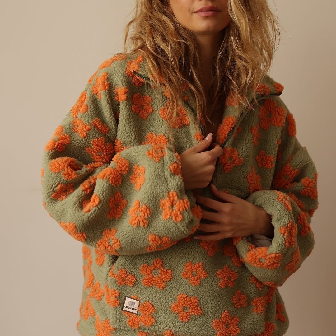 Esme — Women’s Oversized Floral Teddy Half-Zip