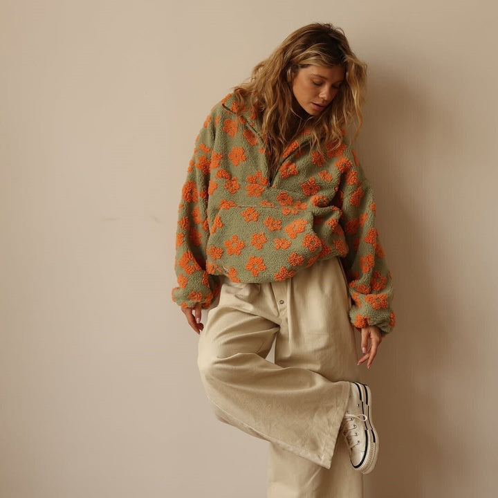 Esme — Women’s Oversized Floral Teddy Half-Zip