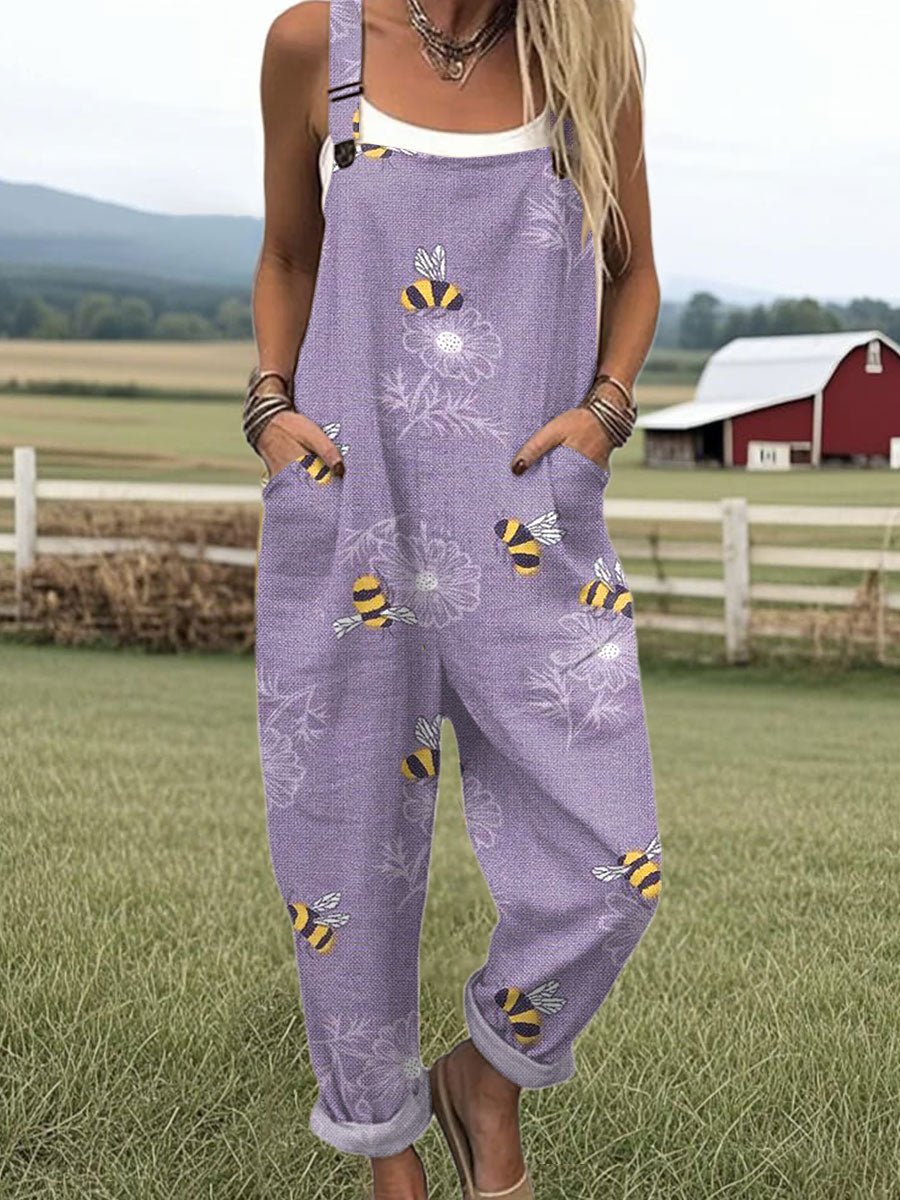Priscilla — Bee-Print Dungaree Jumpsuit