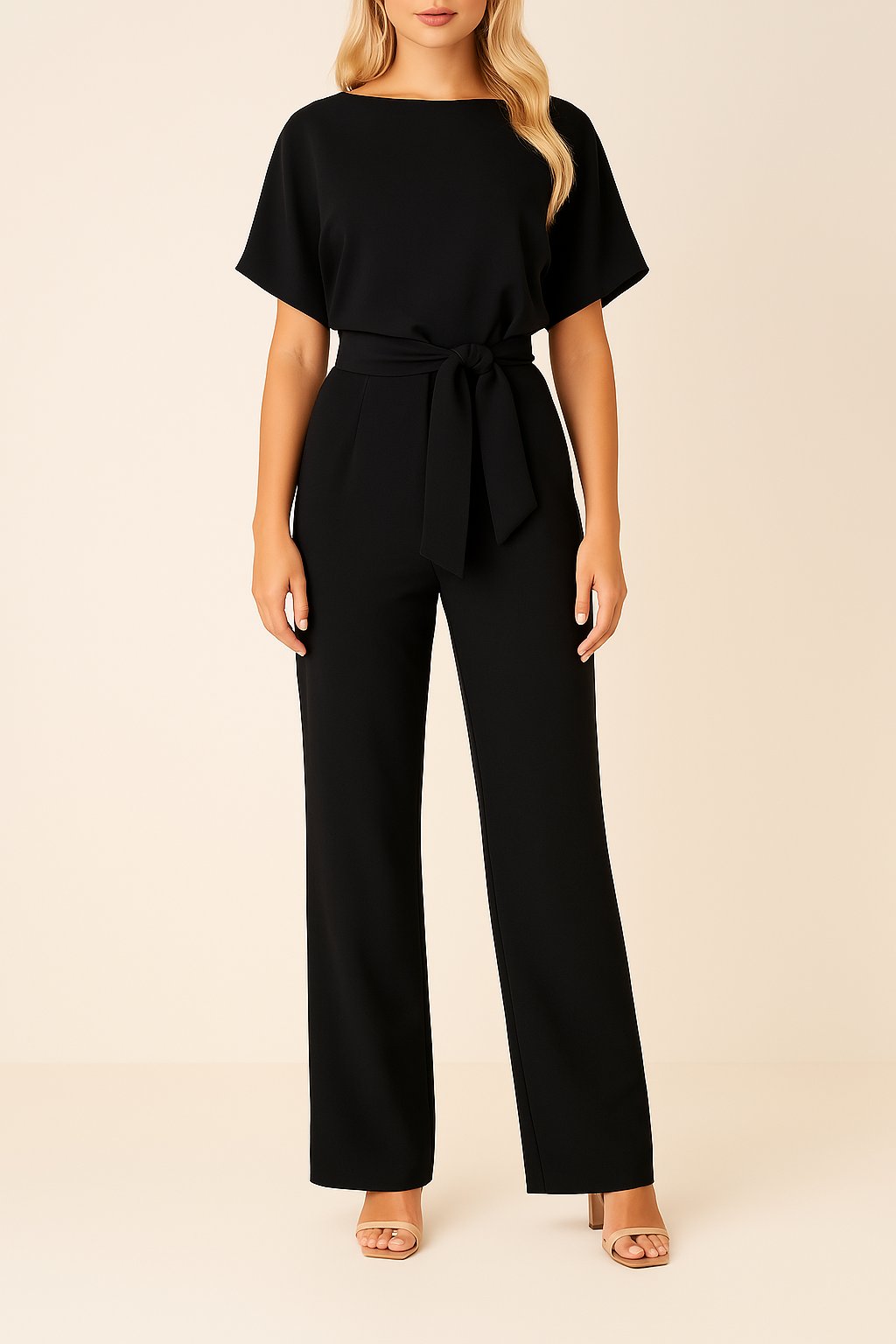 Millicent — Short-Sleeve Belted Wide-Leg Jumpsuit