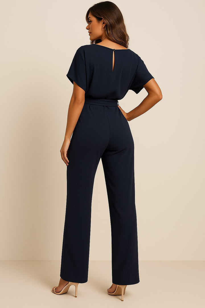 Millicent — Short-Sleeve Belted Wide-Leg Jumpsuit