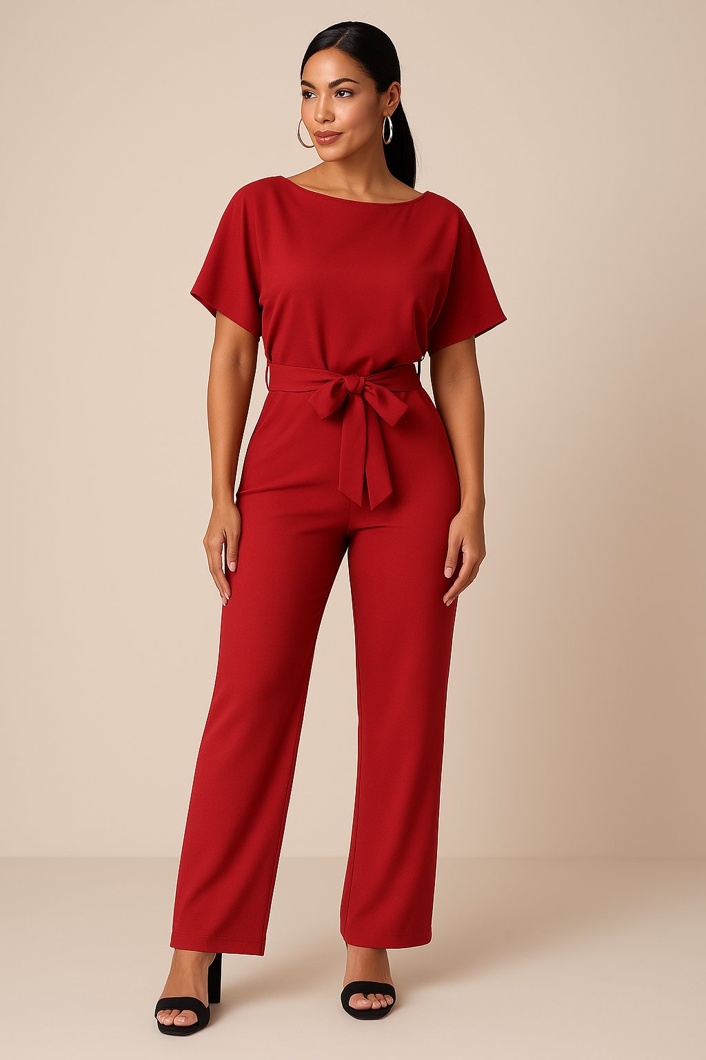 Millicent — Short-Sleeve Belted Wide-Leg Jumpsuit