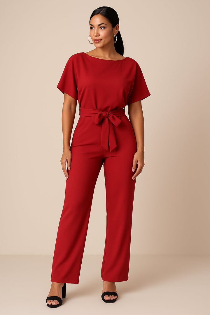 Millicent — Short-Sleeve Belted Wide-Leg Jumpsuit