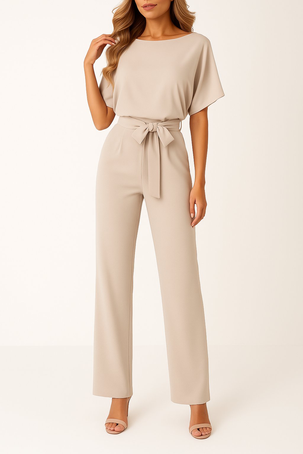 Millicent — Short-Sleeve Belted Wide-Leg Jumpsuit