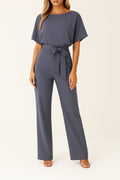 Millicent — Short-Sleeve Belted Wide-Leg Jumpsuit