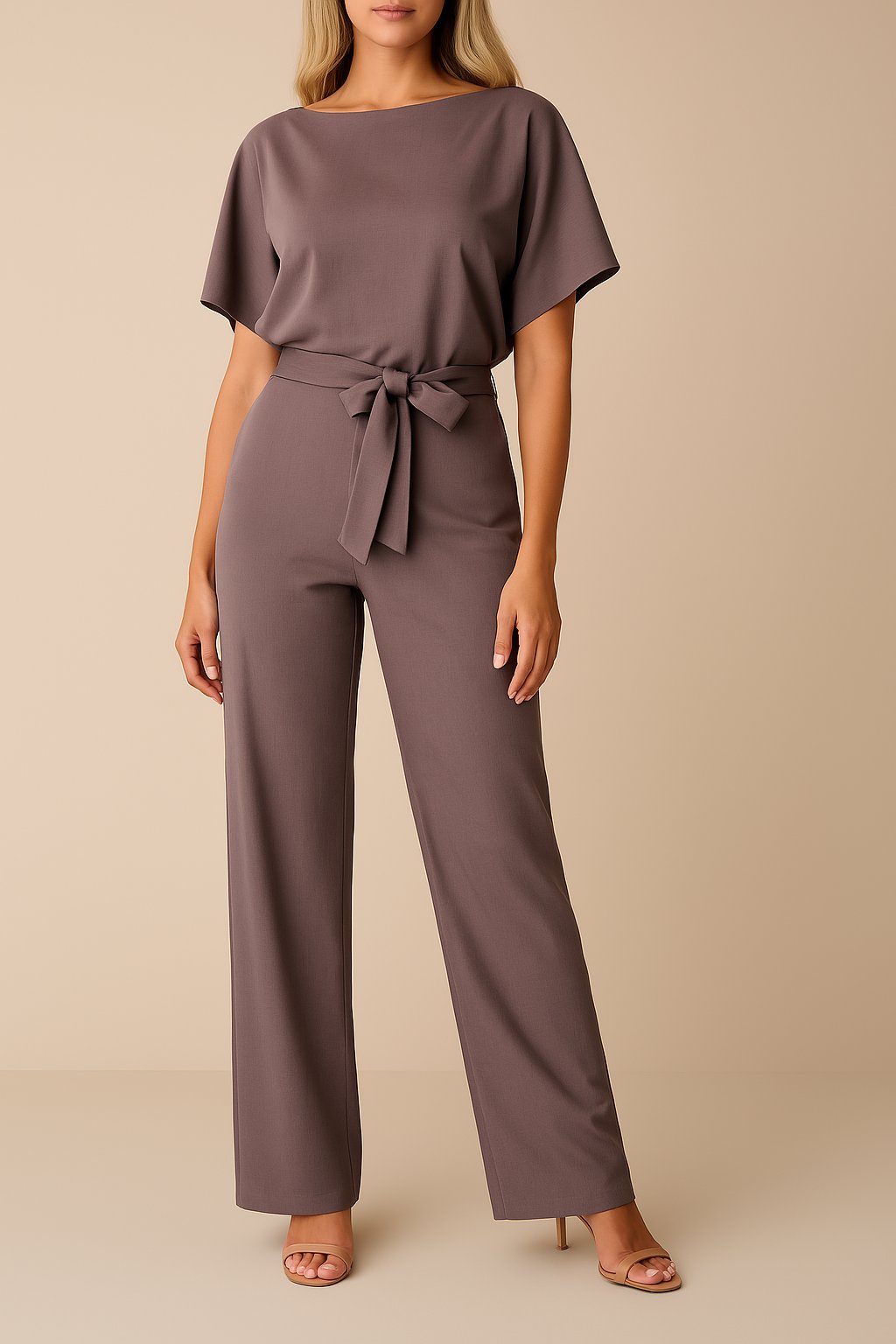 Millicent — Short-Sleeve Belted Wide-Leg Jumpsuit